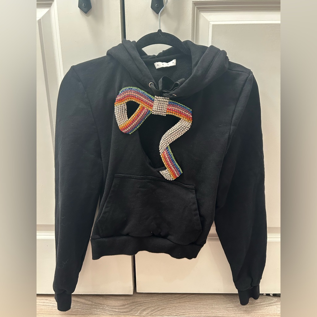 Area Black Hoodie Multicolor Rainbow Crystal Rhinestone Beaded Bow Cotton Xs